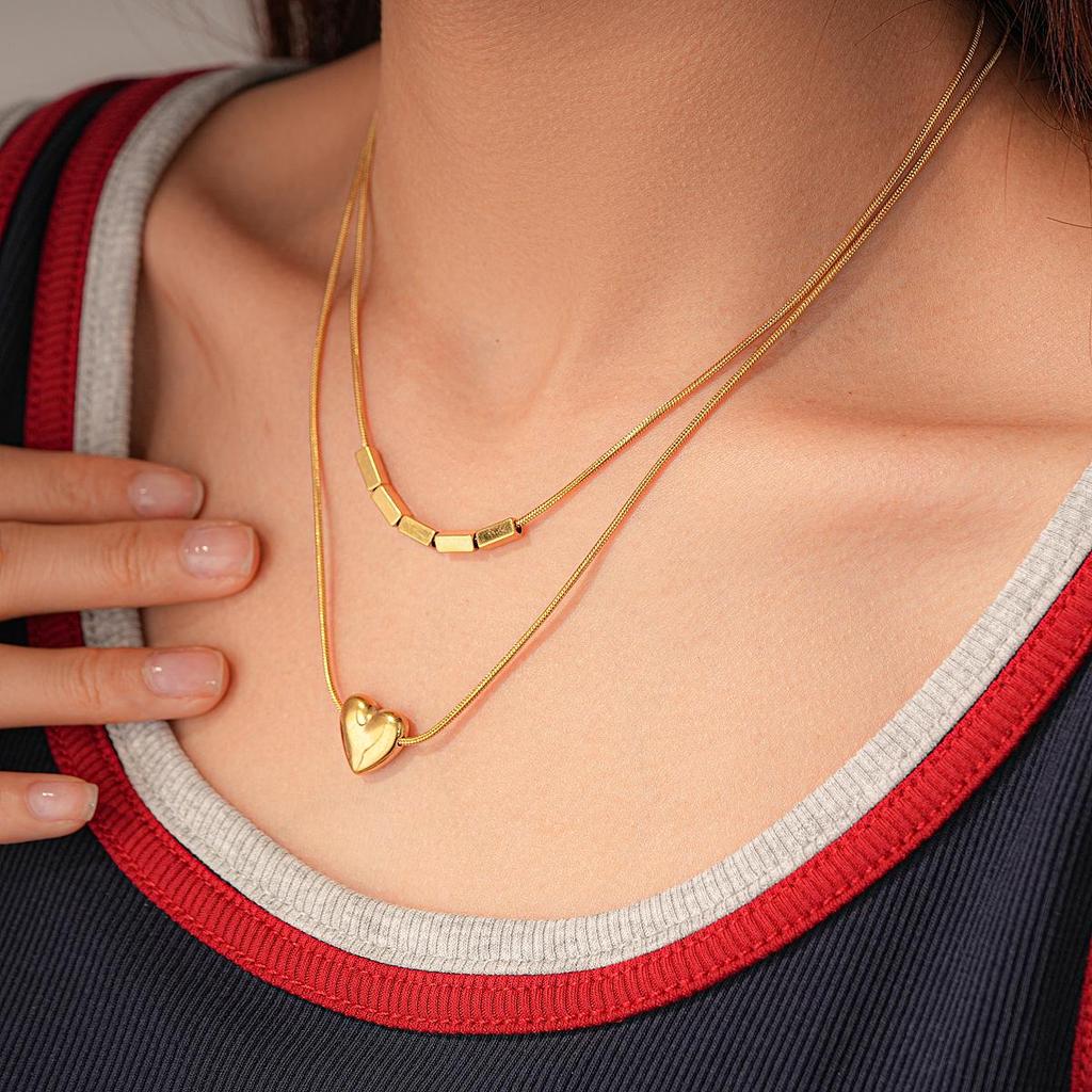 Stainless Steel Double Layer Heart, Star & Round Bead Necklace - Fashionable Clavicle Chain for Women, European, American High-End Style