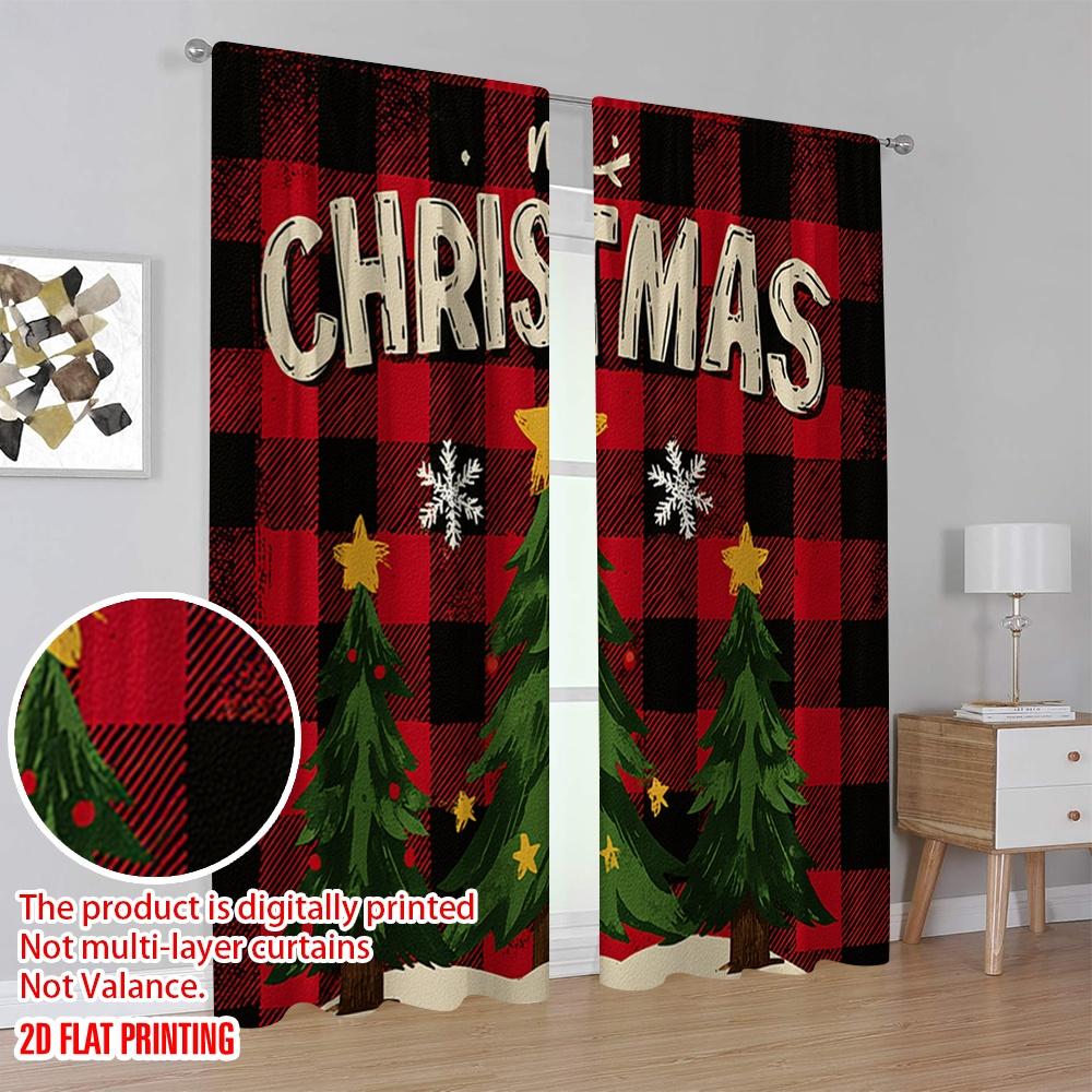 2pcs,2D Plane Printing Pattern Curtains Winter Christmas Tree1 Versatile 100% Polyester (without Rod) Outdoor Decorations