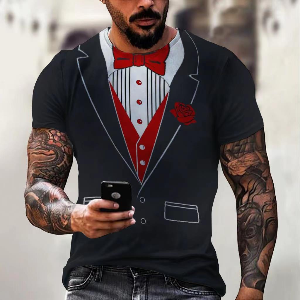 Men 3D Suit Tie Print O-Neck Streetwear Short Sleeve T-shirt