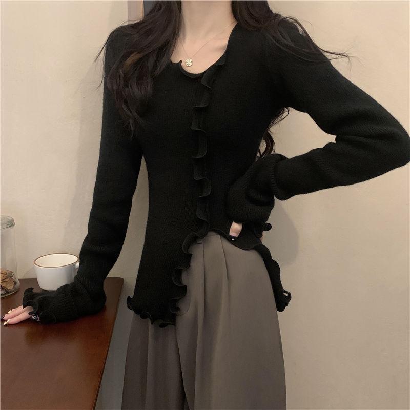 Asymmetric Long Sleeve Top Knit Base Layer for Women Autumn Thin Slim Fit Short Split Inner Wear Hot Girl Top