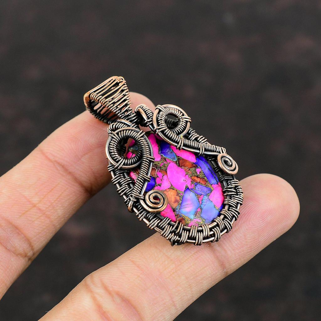 Natürlicher Kingman Pink Dahlie Türkis Anhänger Kupferdraht gewickelt Anhänger handgemachter Anhänger Kupferschmuck Hochzeitsgeschenk echter Edelstein Schmuck