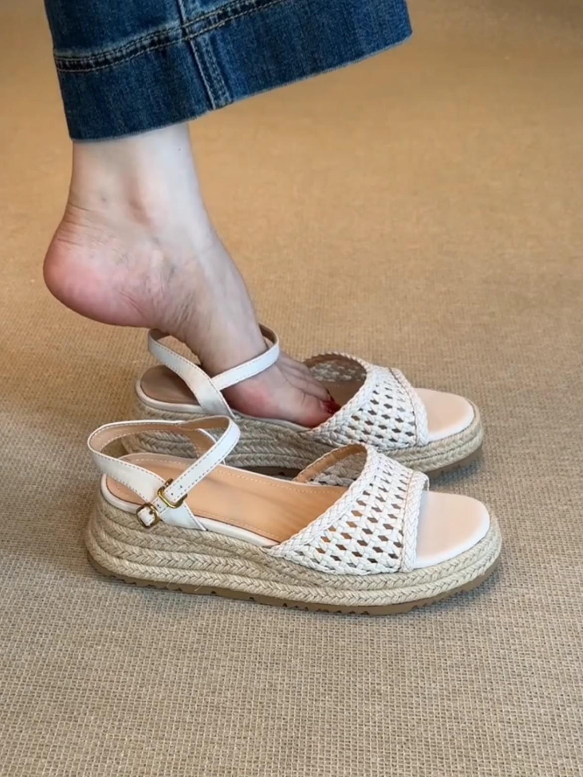 

Sheepskin version~ thick-soled woven sandals women s outer wear summer skirt is beautiful, not tired, heel Roman shoes 35