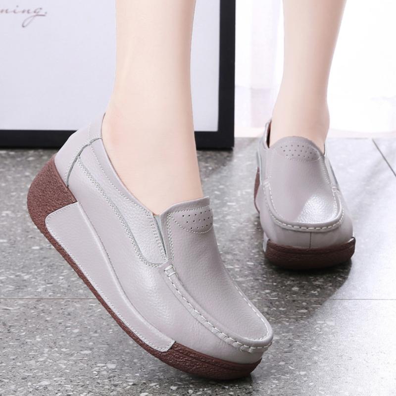 Genuine Leather Casual Shoes Women Fashion Platform Shoes Slip-on Loafers Walking Wedge Heels Rocker Shoes