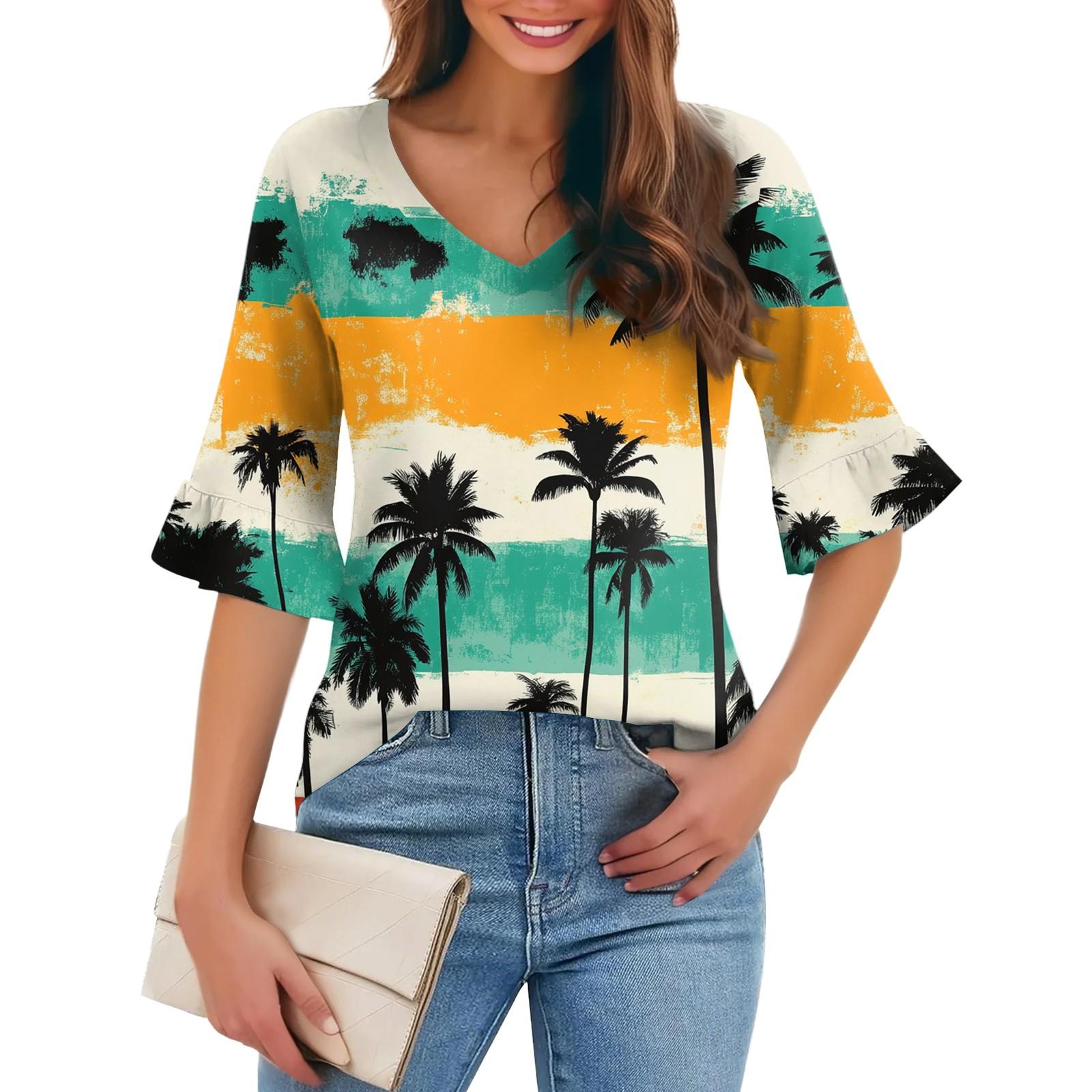 

Женская повседневная модная футболка с V-образным вырезом, свободная, для поездок на работу, с цветочным принтом и рукавами-пятью точками XXXL