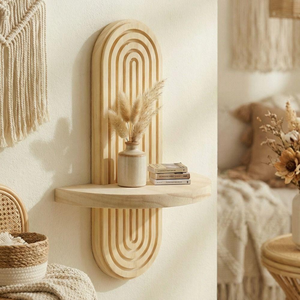 Oval Threaded Wooden Wall Shelves Natural Artistic Wooden Stand Wall Mounted Shelf Living Room