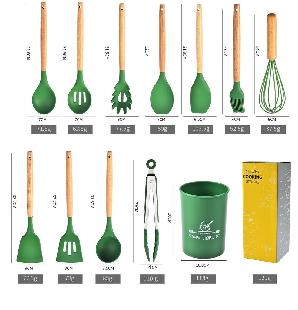Gugrida 12-Piece Easy Food-Grade Silicone and Beechwood Cookware Set with 10 Stainless Steel Hooks (Dark Green)