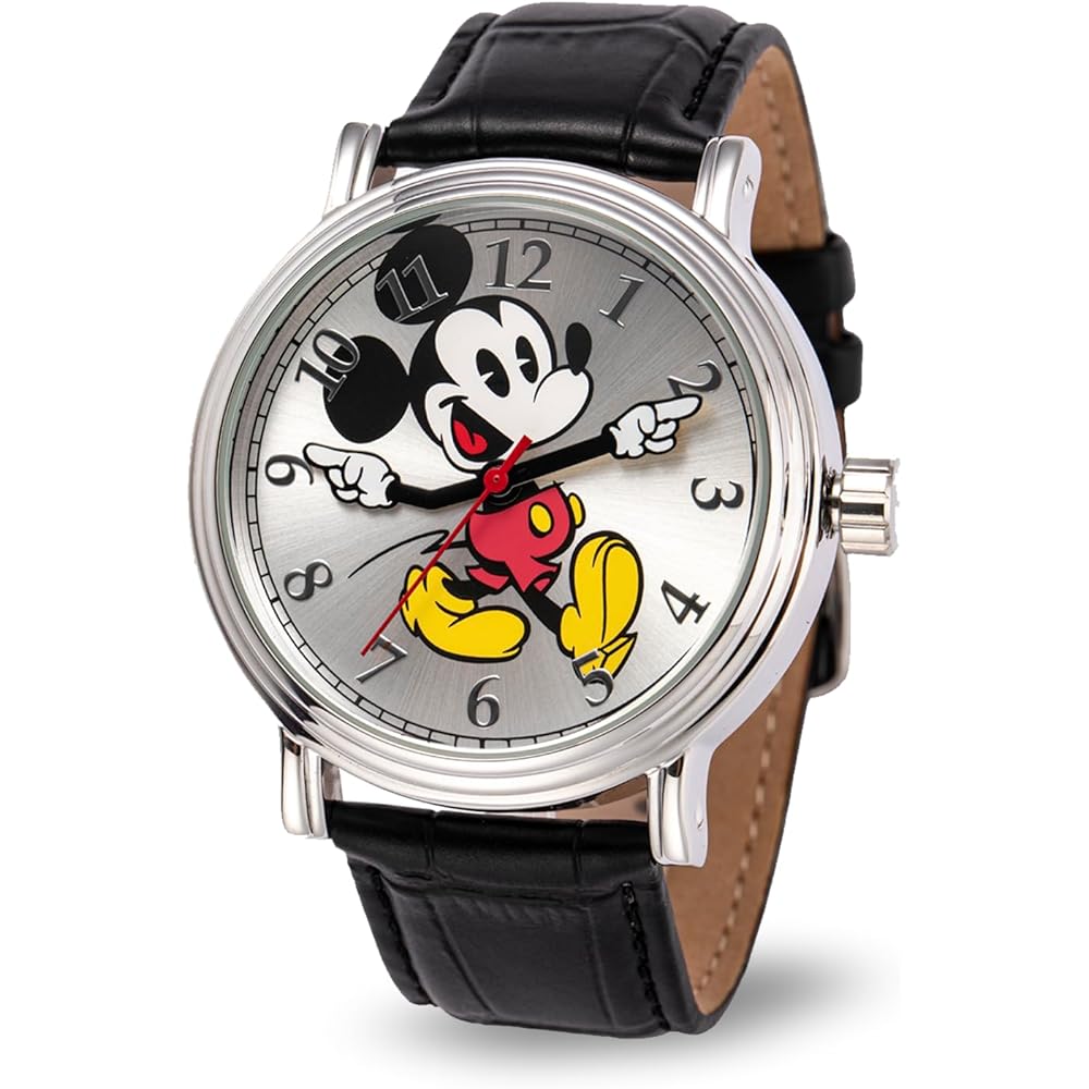 Disney Mickey Mouse Silver Tone Watch with Black Band Men's Fashion Accessory