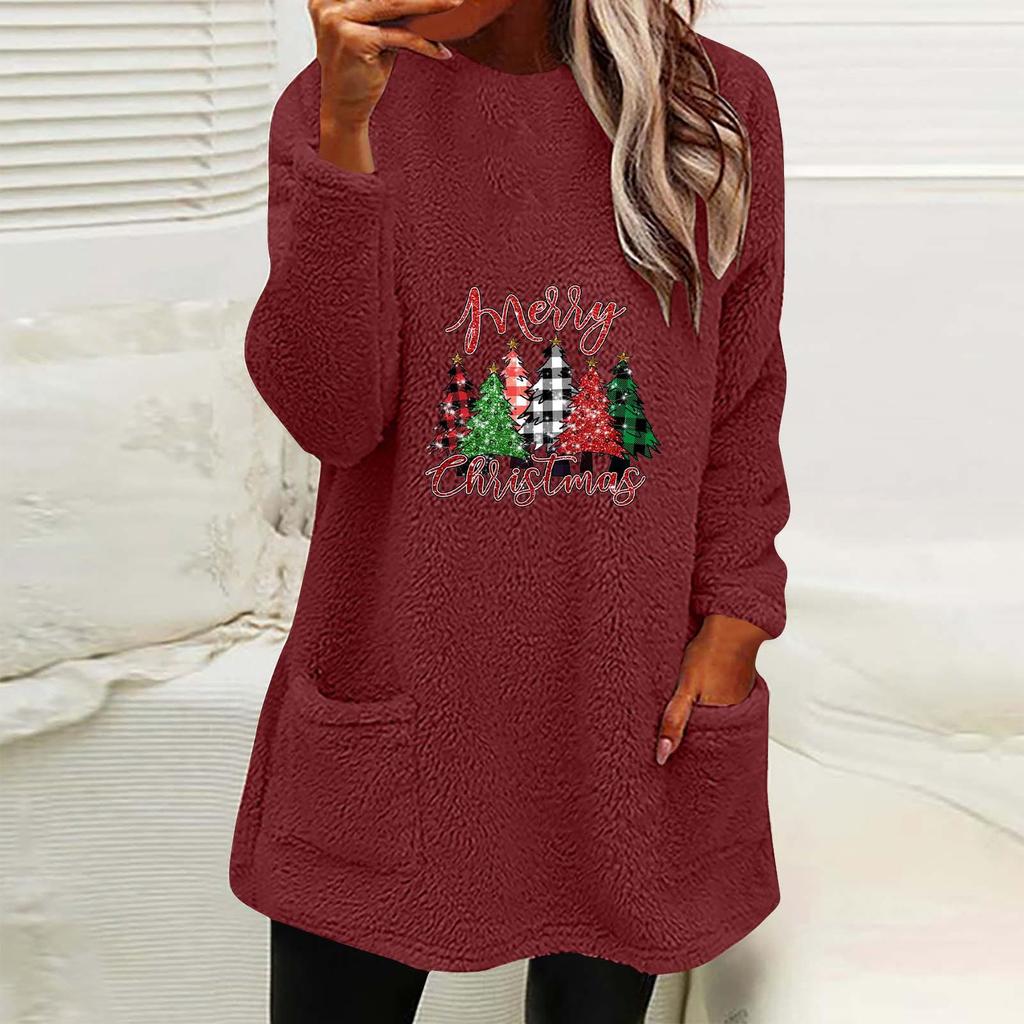 Women's Christmas Tree Print Plush Hoodie - Round Neck, Long Sleeve, Loose Fit, with Pockets. Perfect for Autumn/Winter.