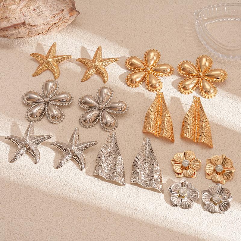 Vintage Gold Color Flower Starfish Geometric Stud Earrings for Women Exquisite Irregular Metal Leaf Earrings Aesthetic Zircon