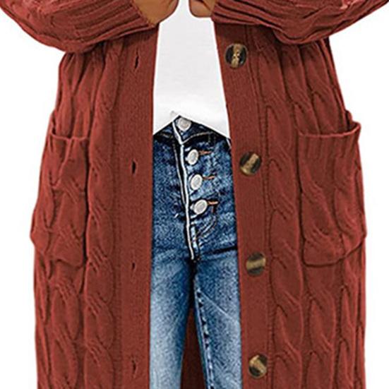 Solid Color Long Sleeve Women Cardigan Button Down Pockets Open Front Twist Sweater Coat Outerwear