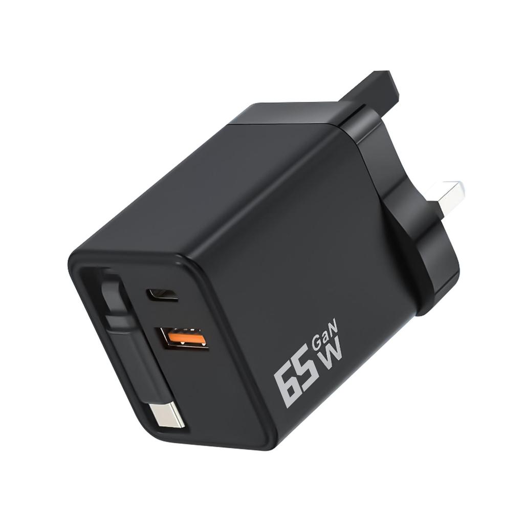 65W Gallium Nitride Charger with Retractable Cable for Apple Fast Charging