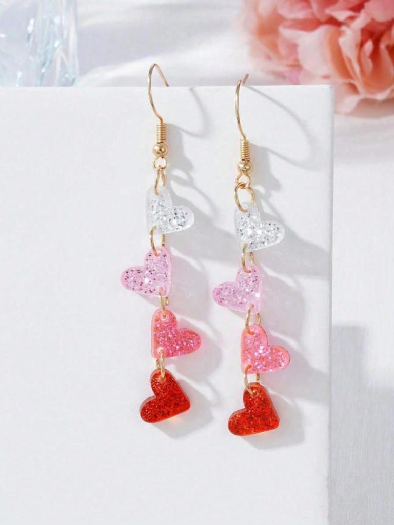 1 Pair Of Heart-Shaped Sweet Pendant Earrings, Valentine'S Day Style Simple And Cute Temperament Ear Accessories
