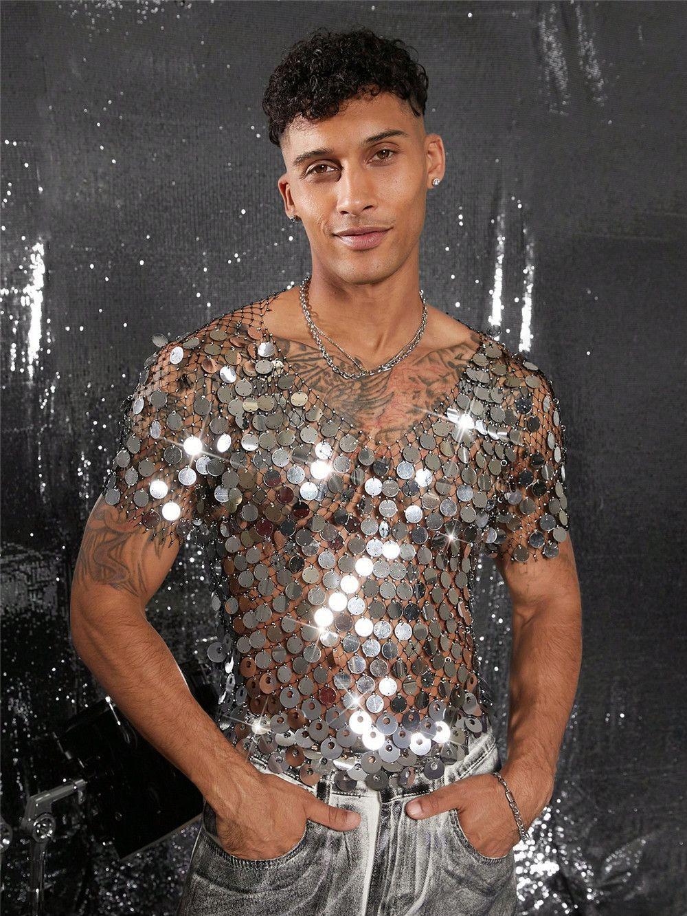 Europäisches und amerikanisches neues strassbesetztes Hohlperlen-Netz-Bluse Herren Nachtclub Party Kurzarm-T-Shirt L brown