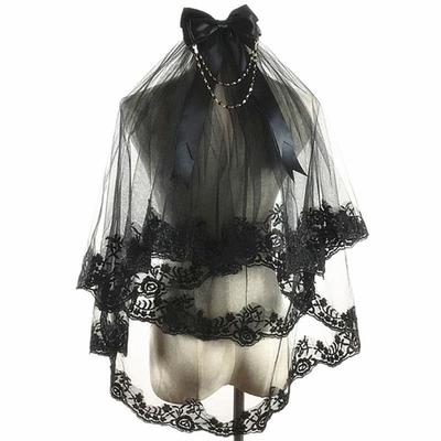 2-Tier Women Black Wedding Veil Embroidery Floral Lace Sheer Tulle Hair Accessories with Comb