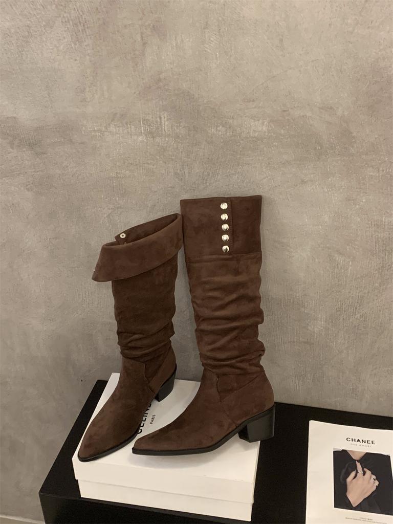 High Heel Coffee Suede Pile Medium Cycling Boots Shoes 2025 Winter Pointed Skinny Long Boots