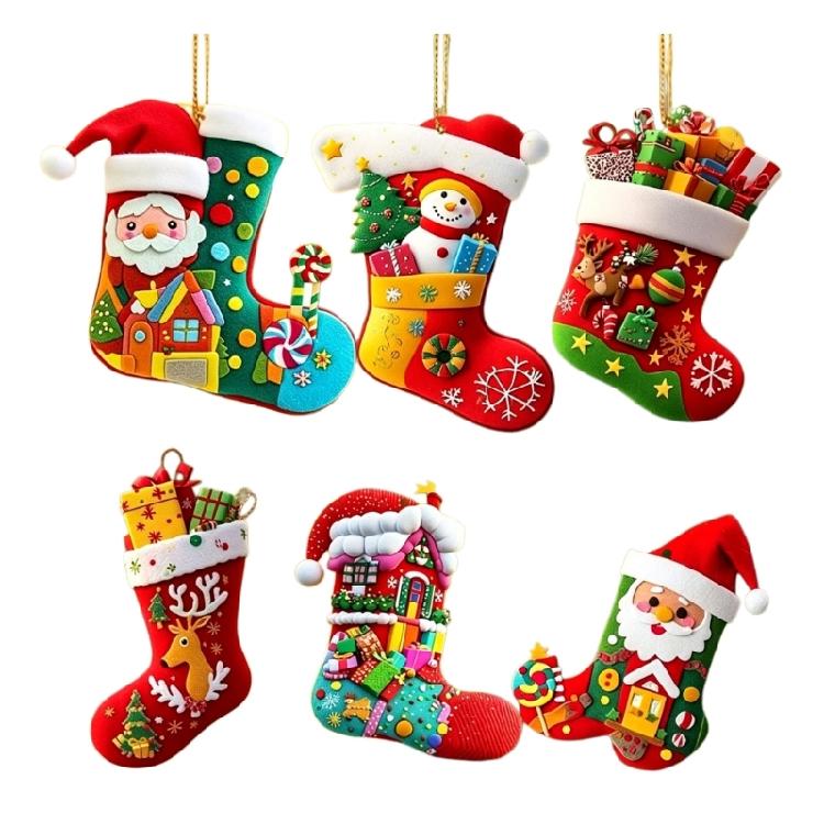 Holiday Hanging Touches Christmas Stocking Set, 6 Piece Acrylic Tree Trim with Assorted Seasonal Artwork for Tree Branch and Small Display Use