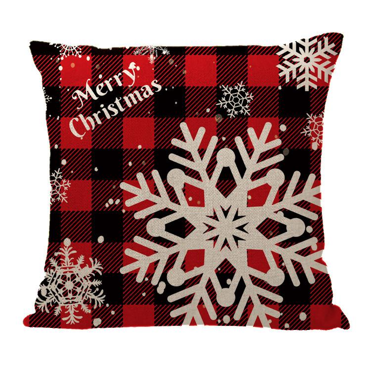 Red Plaid Sofa Linen Christmas Pillow Cover Reindeer Snowflake Home Cushion Cover