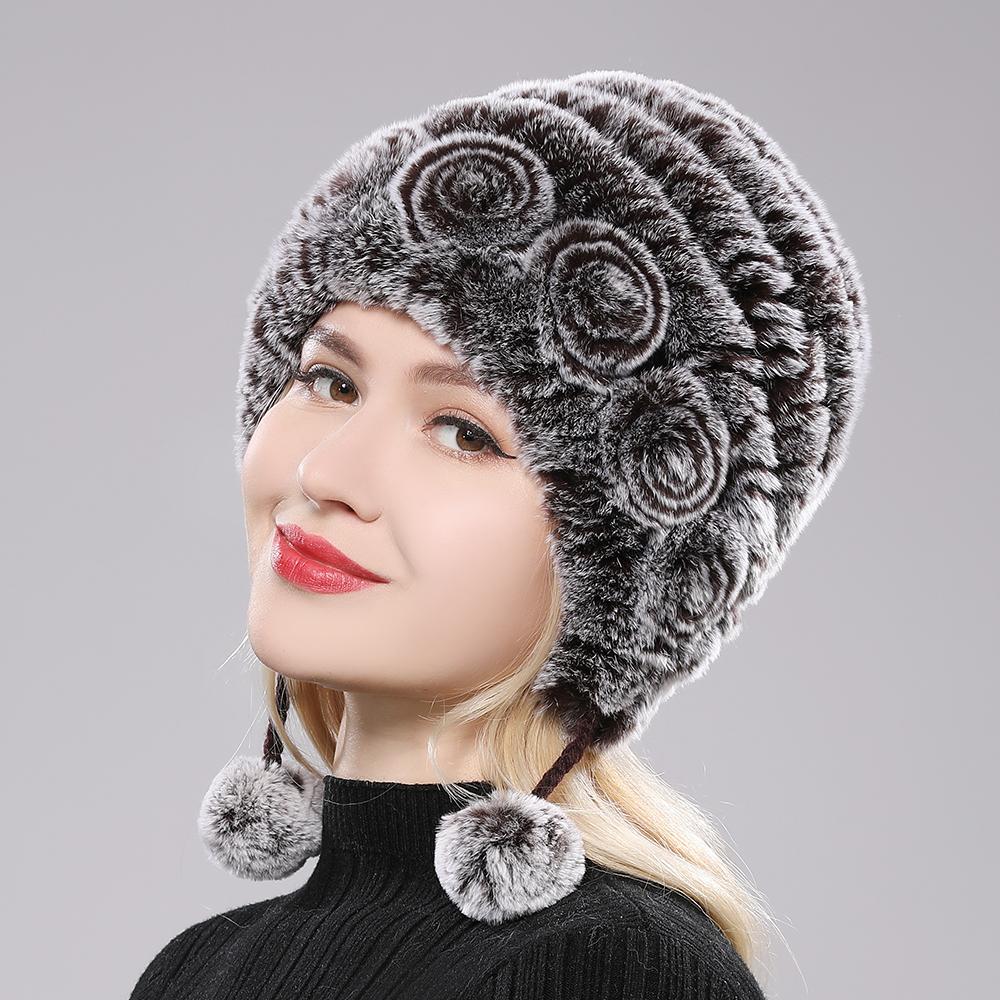 Winter Hats for Girls Women's Fur Hat Real Rex Rabbit Cap Floral Knitted Hat with Balls Skulls Beanies 55-59cm