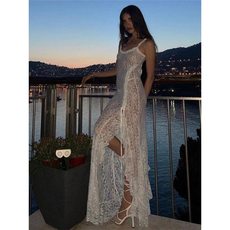 European and American Sexy Slim Fit Backless Lace See-through Sling Dress Long Dress Sexy Lace Maxi Dress
