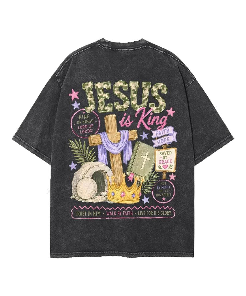 Jesus Is King King Of Kings Saved By Grace Christian Front Back Print Vintage Washed T-shirt Unisex Oversized Tee Religious Tops