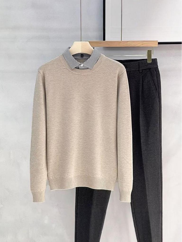 Men's High-End Faux Two-Piece Striped Sweater with Shirt Collar - Versatile Knit Base Layer for Autumn/Winter.