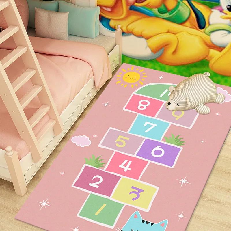 Kids Cartoon Playful Area Rug Colorful Hopscotch Number Animal Growth Chart Patterns Soft Decorative Carpet For Children's Room