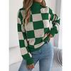 GMXIA Autumn and Winter Casual High-neck Contrasting Color Checkered Lantern Long-sleeved Sweater Women's Wear