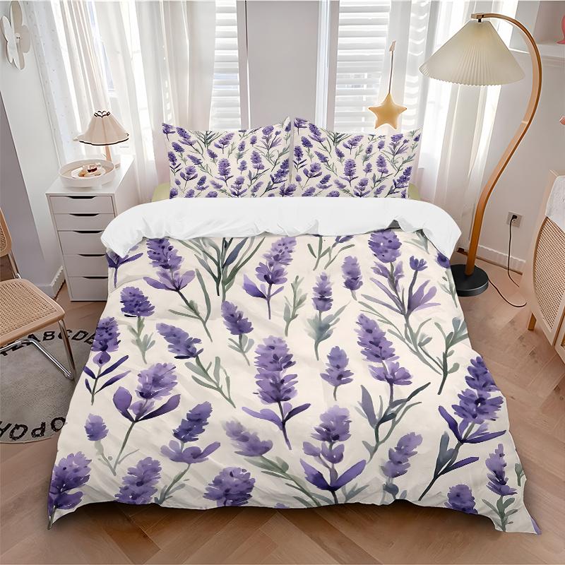 3pcs Lavender Flowers Quilt Set Cartoon Themed Bed Quilt Set Lovely Character Bedroom Decor Bed Quilt Set Four Seasons (1 Cover + 2Pillowcase NO