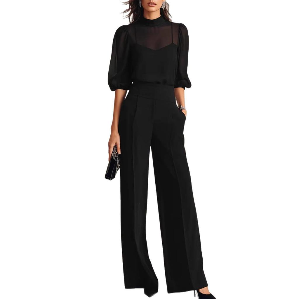 European & American Summer Fashion: Women's Slimming Printed Short Sleeve Top & Wide-Leg Pants Three-Piece Set