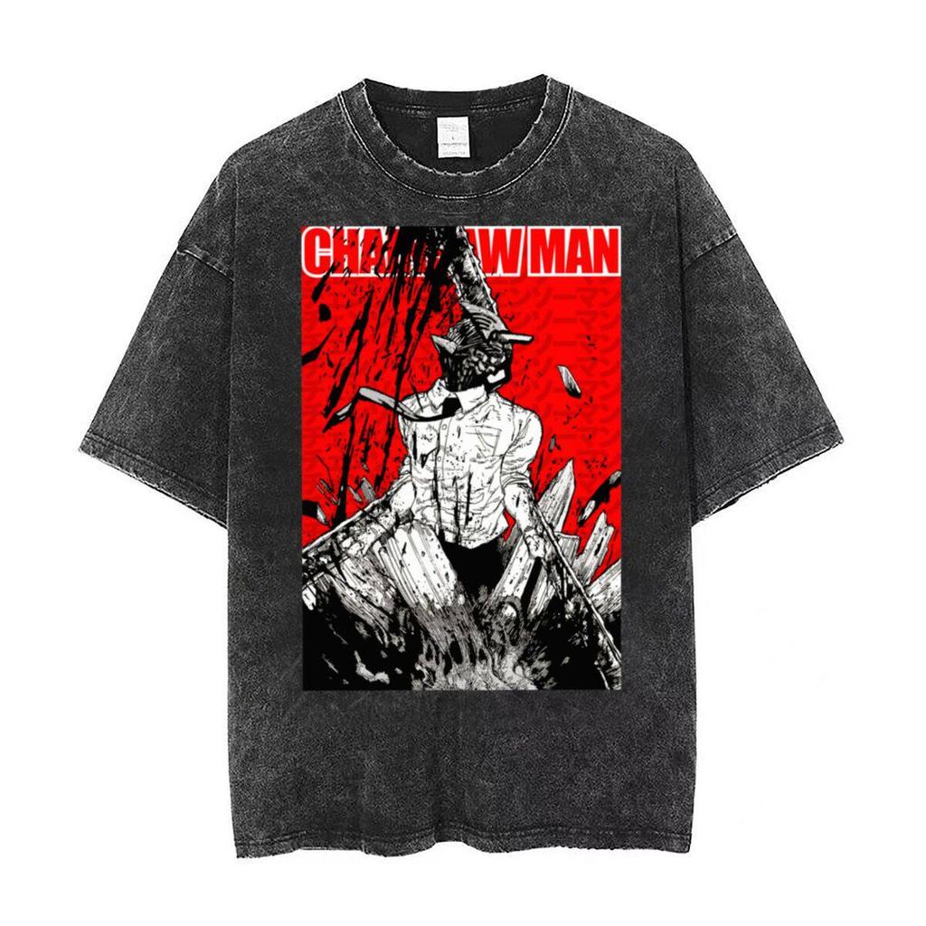 Kettensägenmann Denji Kettensägenform Bedrucktes T-Shirt für Herren und Damen Gewaschenes T-Shirt Hohe Qualität Vintage T-Shirt Harajuku Oberteile