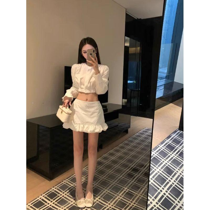 Kumikumi Stylish Single-Breasted Short Shirt Women Fall Ruffles Solid Skirt Short Skirt Two-piece Set