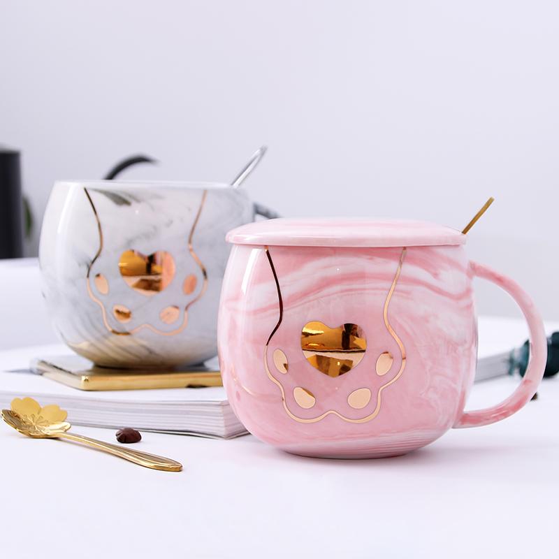 Creative Cute Cat Claw with Cover Spoon 380ml Ceramic Pink Coffee Mug Set Kids Couple Cups Gift Box