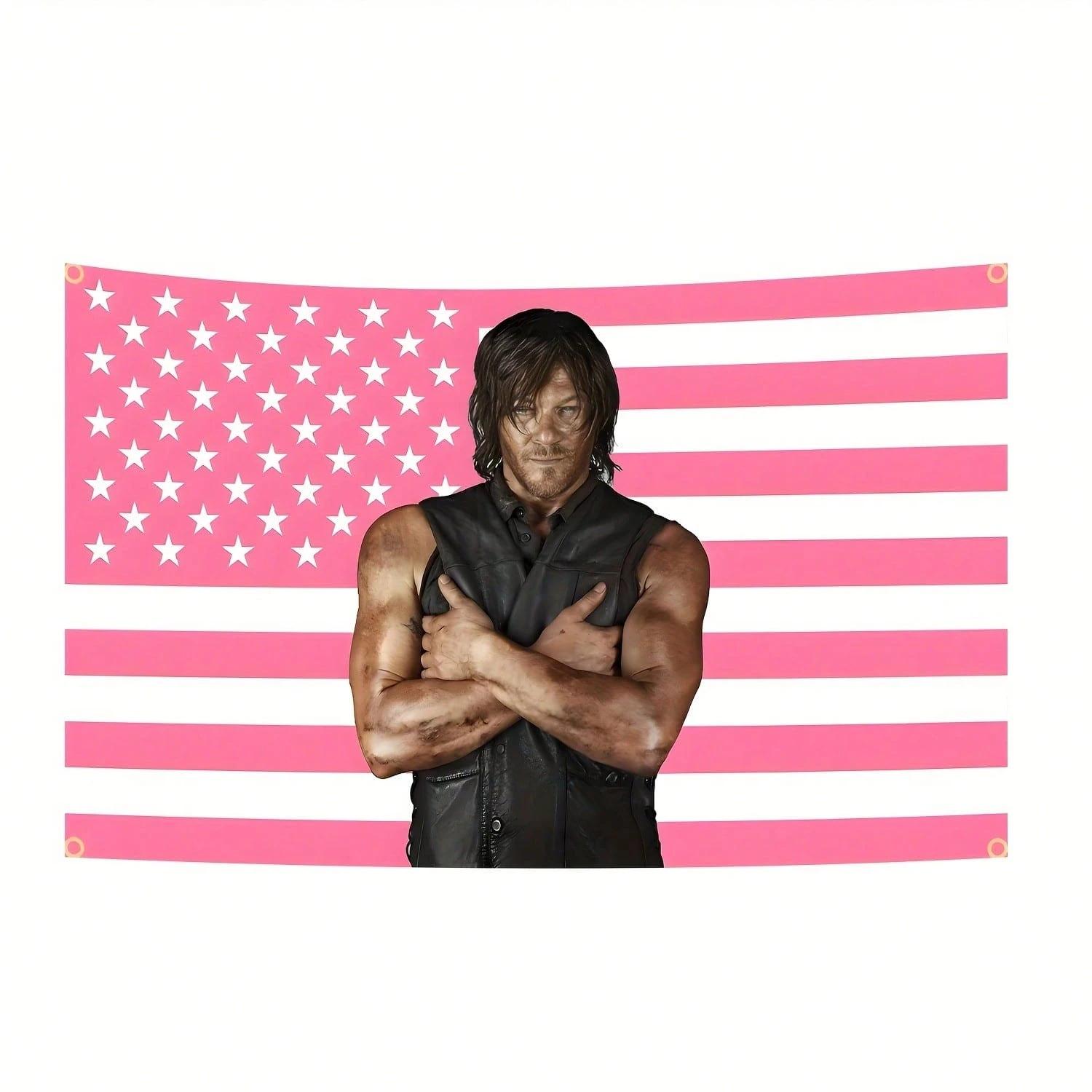 

1 шт. Гобелен с розовым американским флагом и Даррилом Диксоном для спальни, гостиной, 2D, полиэстер, настенный декор, идеальный подарок для поклонников сериала 74x94cm(29x37in)