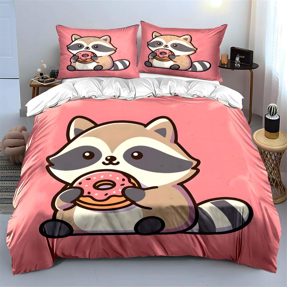 3Pcs Cute Raccoon Holding Pink Donut Duvet Cover Set With 3D Printing Design Soft Polyester Bedding Set All-Season Comfort