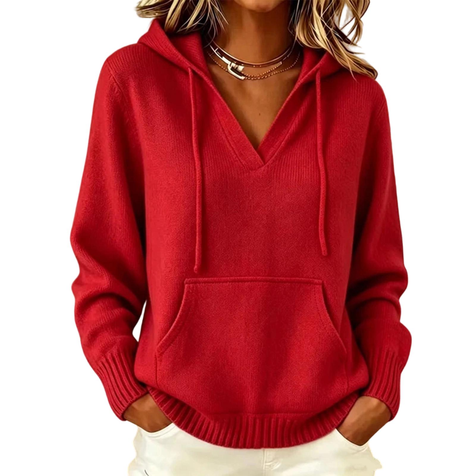 Women s Casual Color V-Neck Long Sleeve Hooded Top M