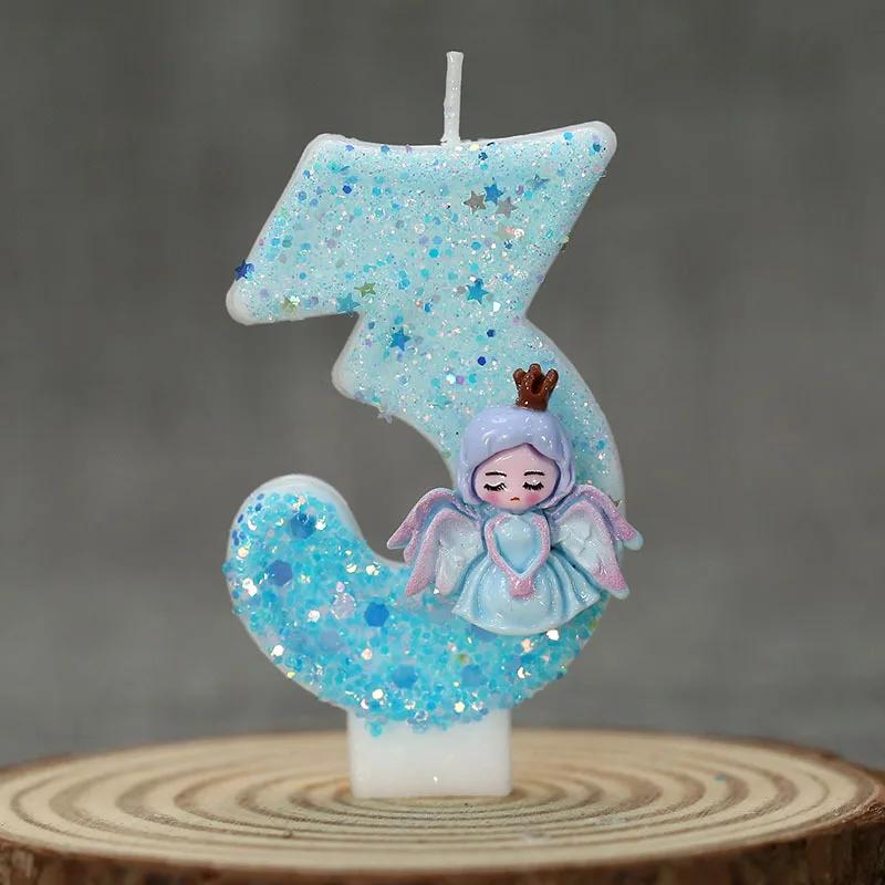 Princess Frozen Birthday Candles 0-9 Number Glitter Cake Candle Kids Girls Birthday Party Cake Topper Decoration Supplies