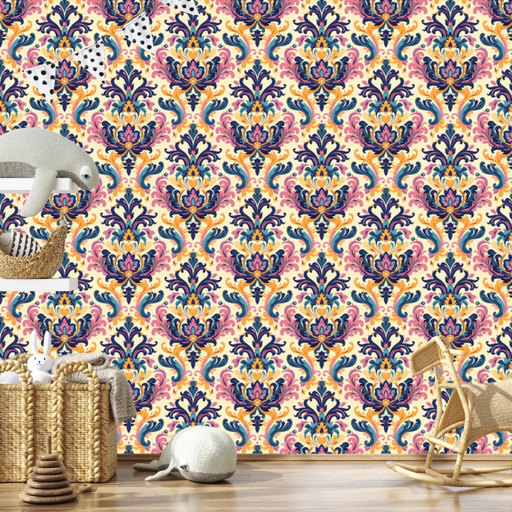 Baroque Damask Wallpaper Cream and Blue for Living Room and Bedroom 50x1000