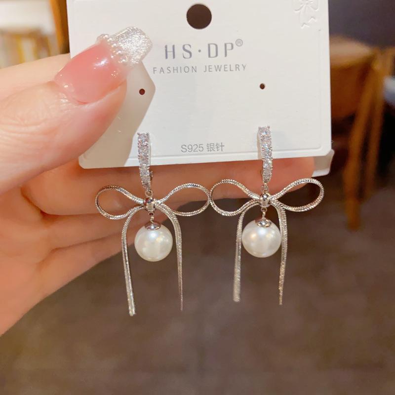 French Style Elegant Pearl Bowknot Long Dangle Earrings Fashion Jewelry For Women