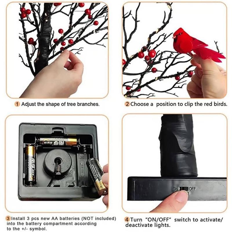 Plastic LED Christmas Tree With Two Birds Warm Light Simulation Birch Christmas Tree Table Decoration