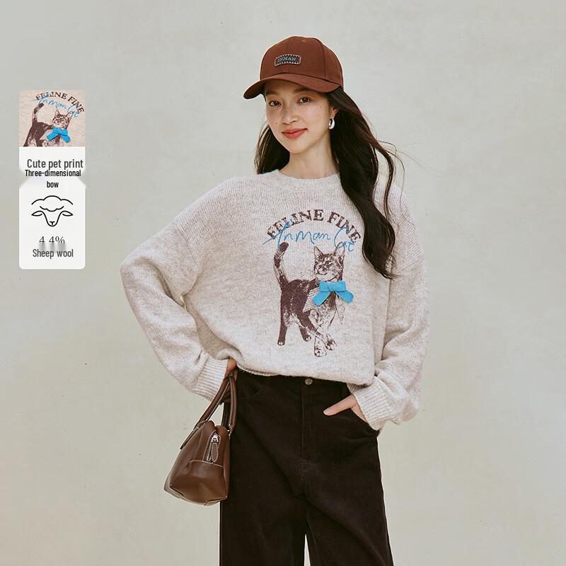 INMAN Women s Bowknot Pet Print Round Neck Sweater L