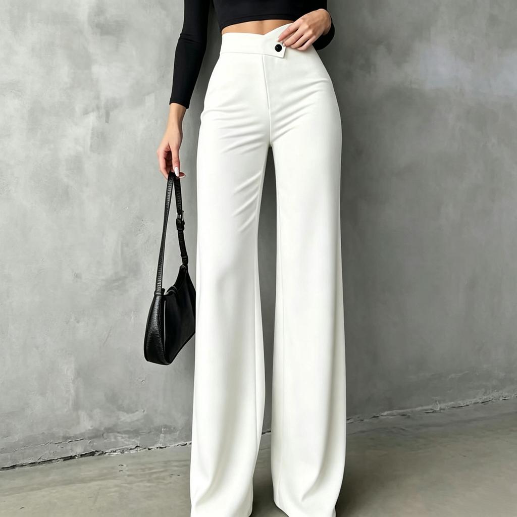 Women’s High Waist Straight Leg Trousers with Draped Effect and Simple Overlapping Waistband for Casual and Office Wear