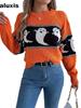 Autumn  Halloween Theme Ghost Color Block Long Sleeve Crewneck Sweater Women's  Clothing