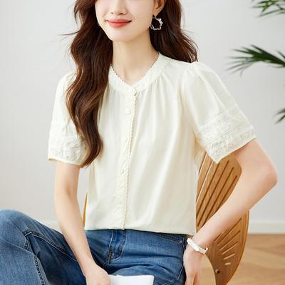 Lace Round Neck Short-sleeved Shirt for Summer New Commuting Sweet Style Niche Chic Top