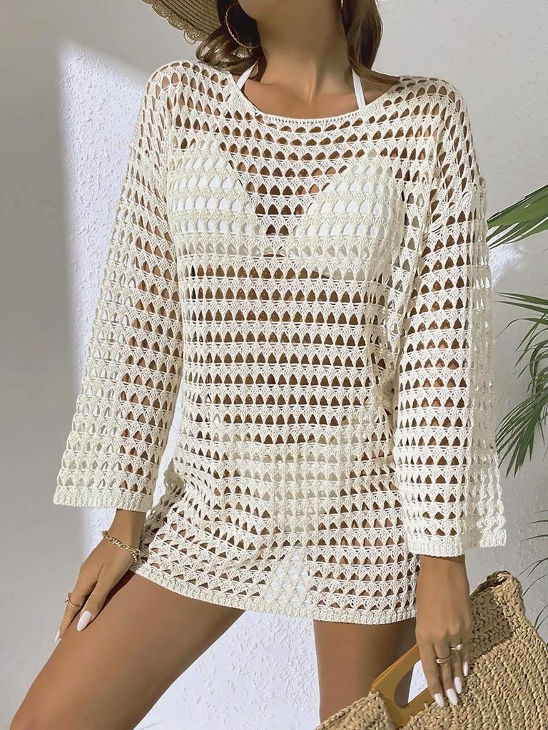 Jersey Sexy de Punto Calado Europeo-Americano: Cubrecostume de Bikini de Manga Larga y Cuello Redondo para Mujer para el Verano