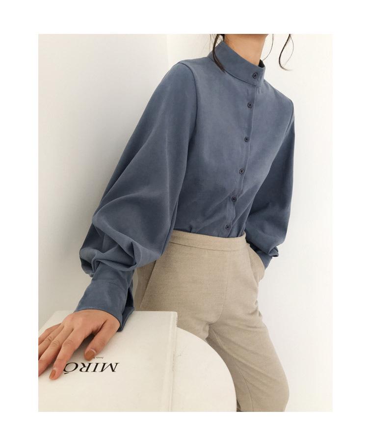 2025 Retro Hong Kong Style Stand-Up Collar Single-Breasted Lantern Sleeve Shirt