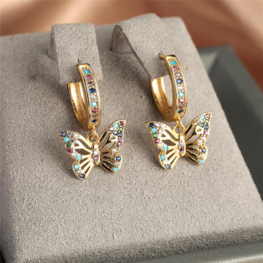 Cute Female Colorful Butterfly Round Zircon Stone Hoop Earrings Gold Color Unique Girlfriend Gifts Wedding Jewelry For Women