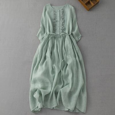2025 Summer Round Neck Double-layer Fairy Lace-up Waist Medium and Long Travel Vacation Dress Women's Thin