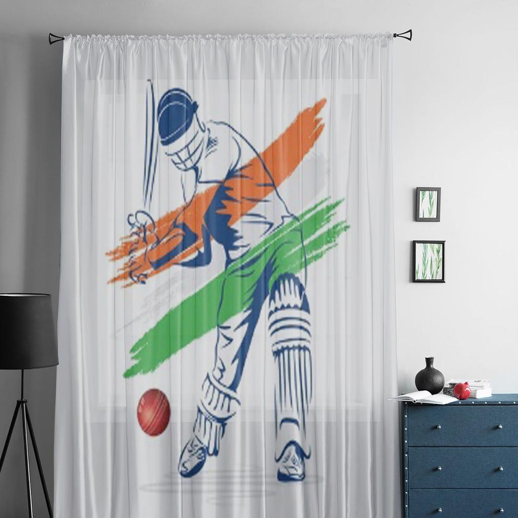 Abstract Cricket Player Hi The Ball Design By Brush Stroke Vector Tulle Sheer Curtains for Living Room Voile Organza Curtain