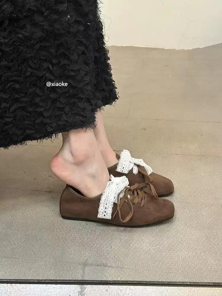 Women's Flat Shoes Bow Tie Lace Suede Ladies Shoes Versatile Comfortable Square Toe Spring and Autumn New Zapatillas De Mujer