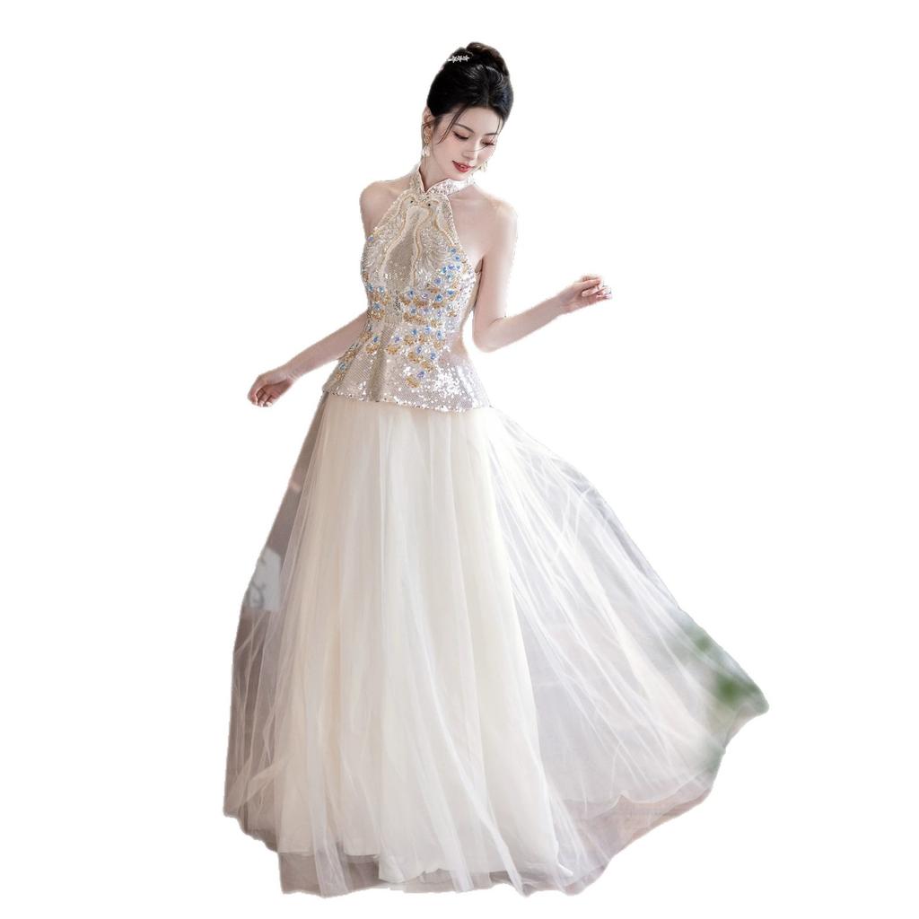 Champagne Engagement Evening Dress Dress Women 1011 New Neck Bridal Toast Dress Banquet High-end Light Luxury Host